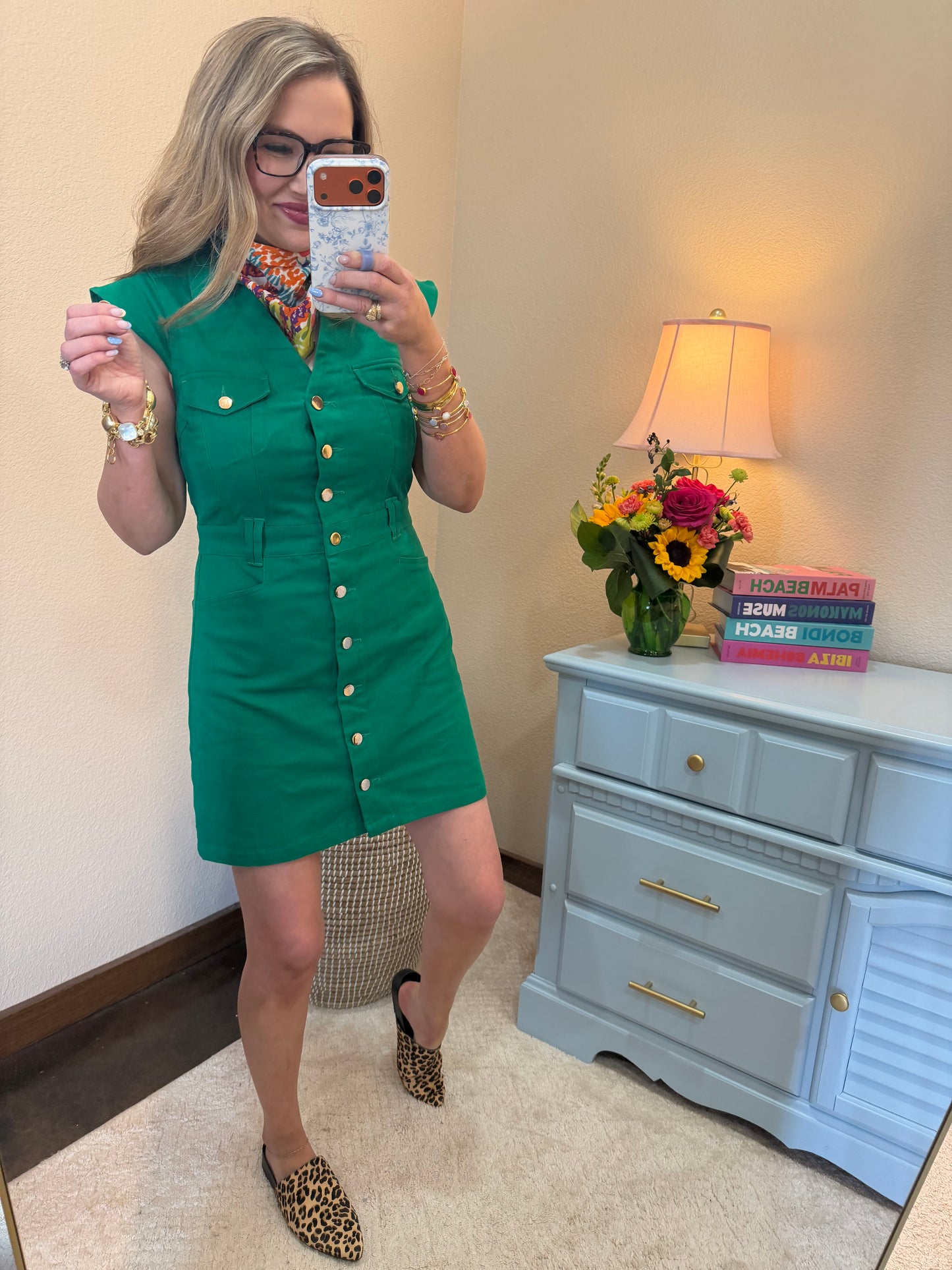 Kelly Green Denim Gold Button Up Dress