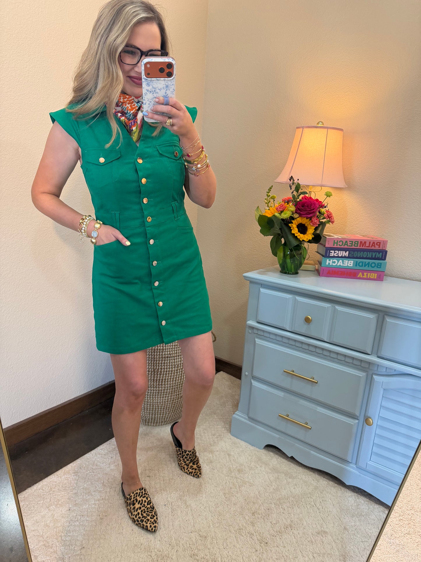 Kelly Green Denim Gold Button Up Dress