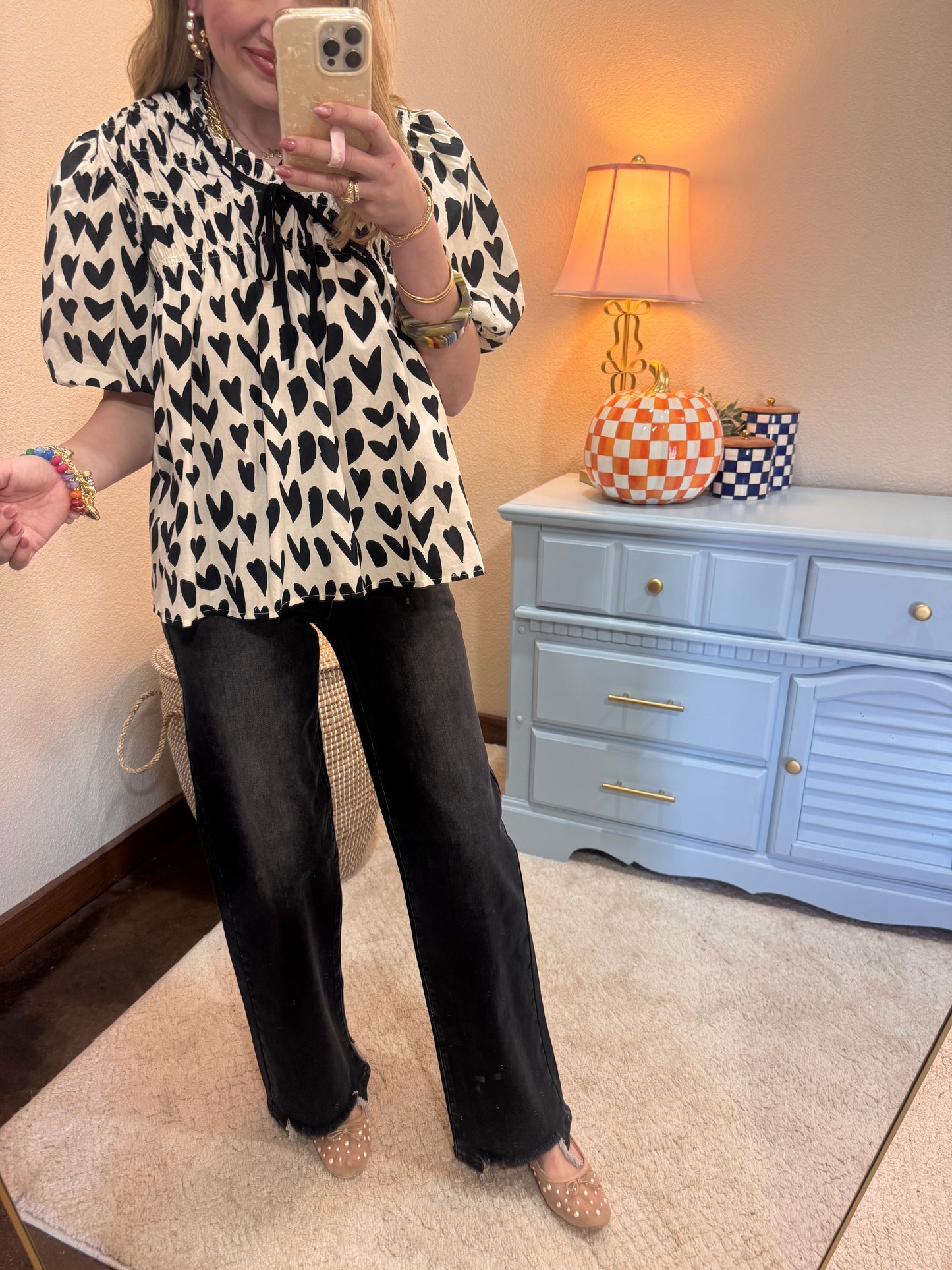 Cream & Black Short Bubble Sleeve Heart Printed Woven Top