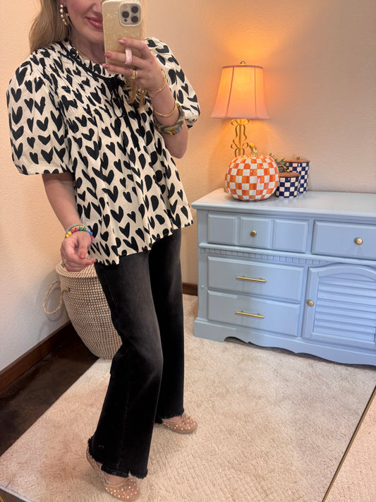 Cream & Black Short Bubble Sleeve Heart Printed Woven Top