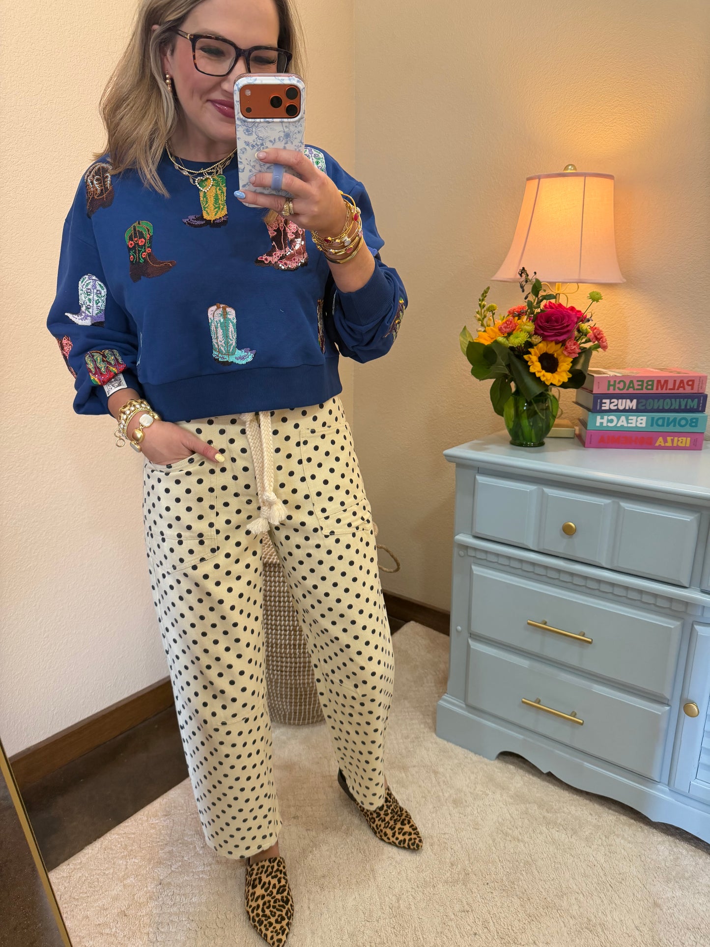 Queen of Sparkles Royal Blue Multi Cowboy Boot Sweatshirt