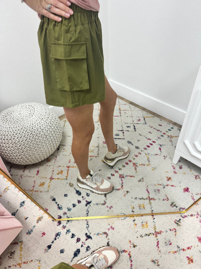 Olive High Rise Cargo Athletic Shorts