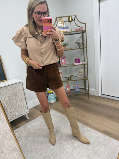 Brown Suede Pleated Front Shorts