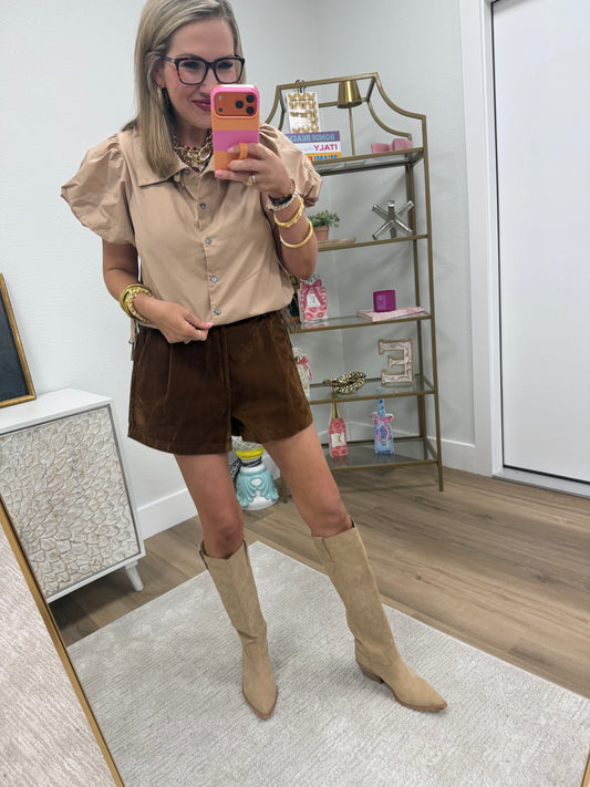 Taupe Side Tie Button Up High Neck Top