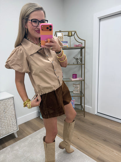 Taupe Side Tie Button Up High Neck Top