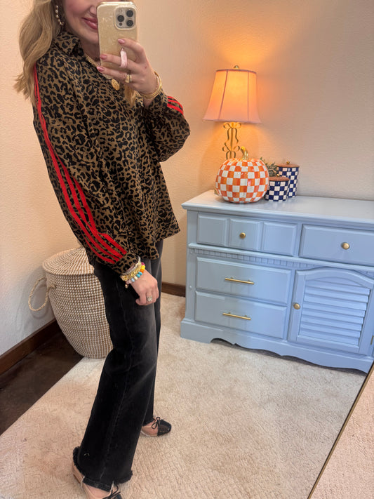 Leopard Top With Stripe Trim Accent