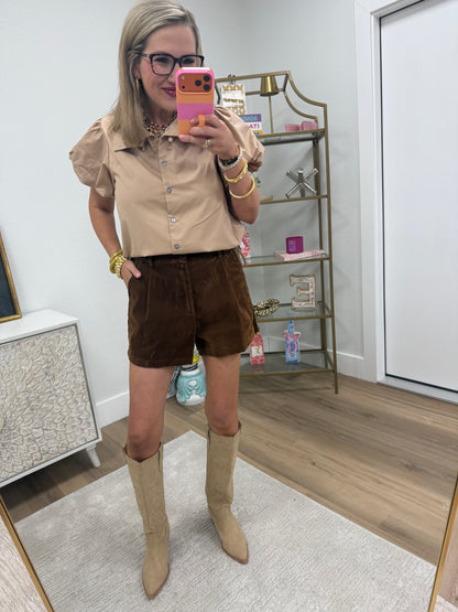 Brown Suede Pleated Front Shorts