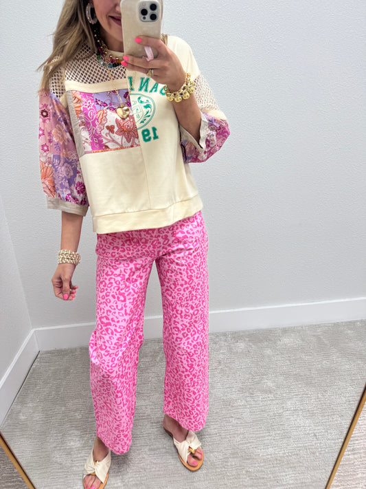 Cream 3/4 Sleeve Contrast Sleeve Top