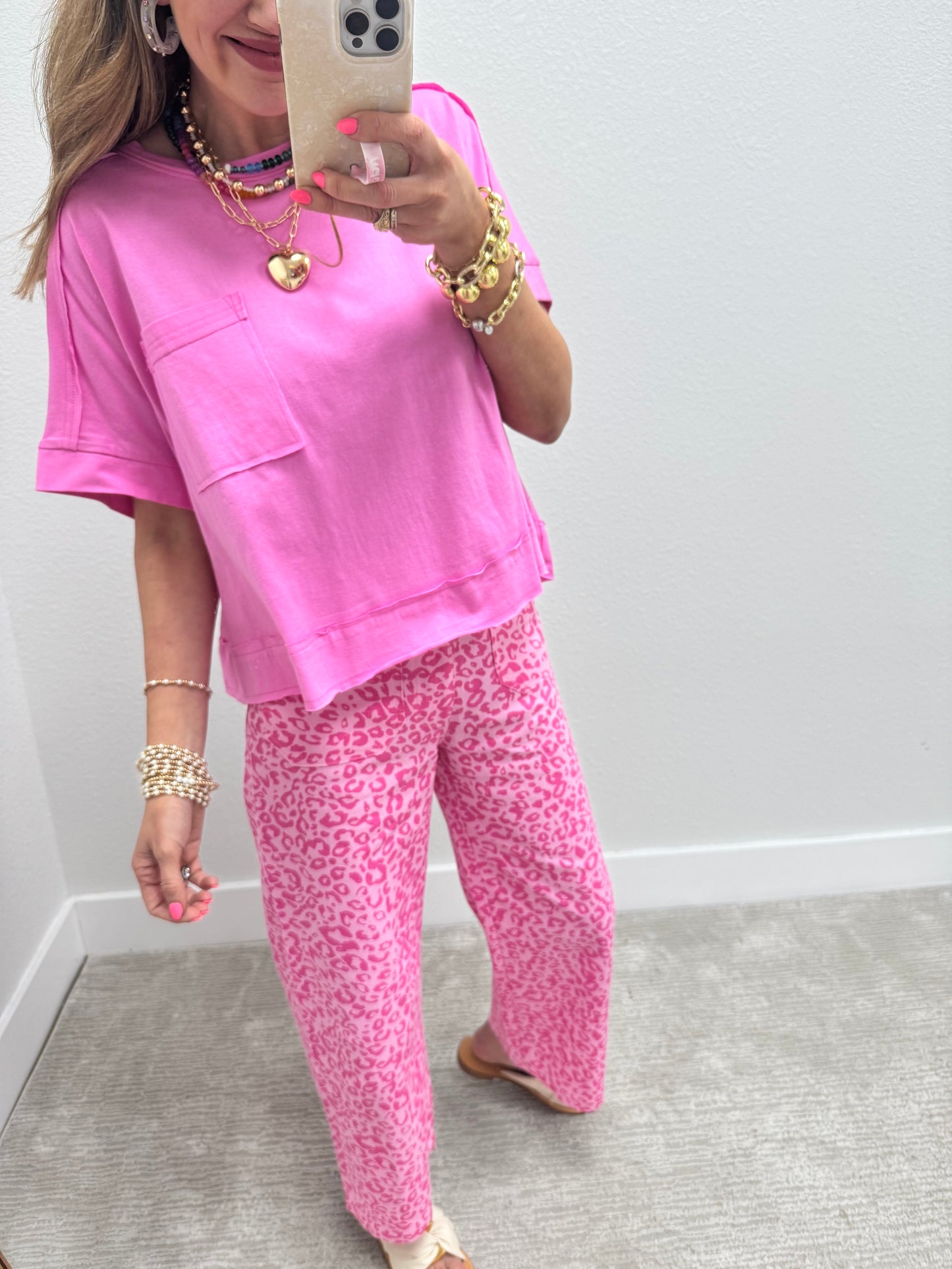 Pink Exposed Hem Boxy Crop Short Sleeve