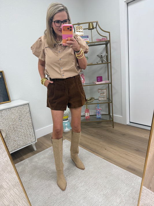 Brown Suede Pleated Front Shorts