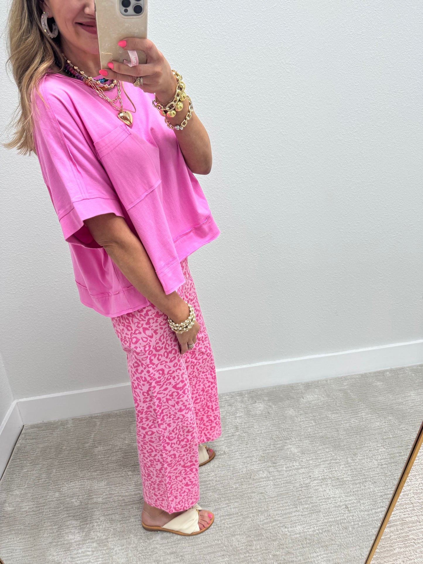 Pink Exposed Hem Boxy Crop Short Sleeve