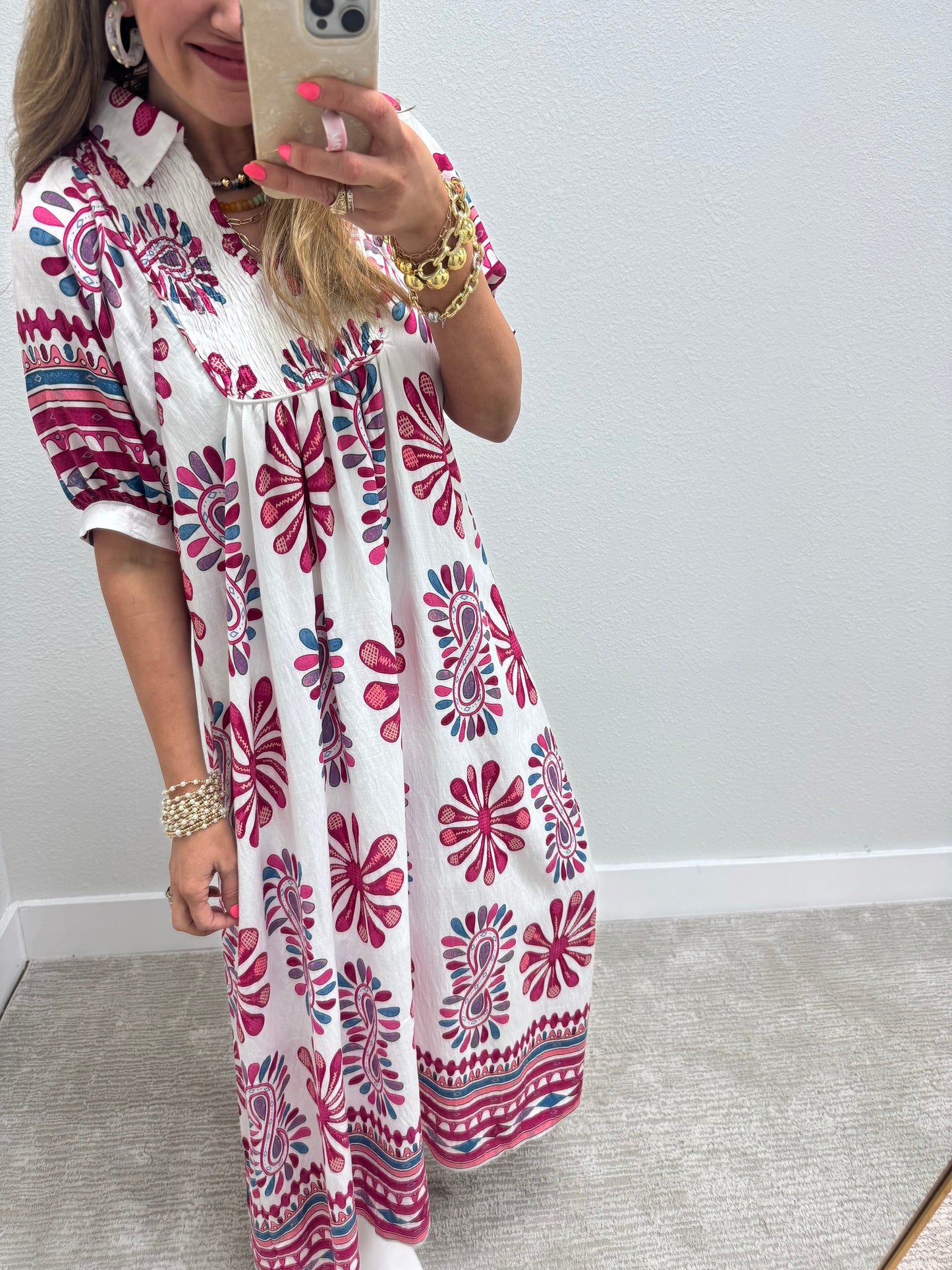 Printed Smocked Midi Dress with Balloon Sleeves