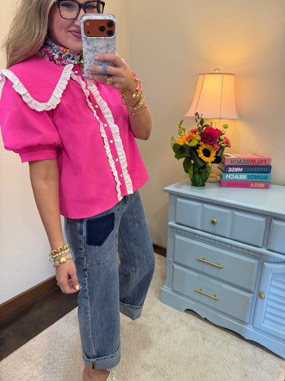 Hot Pink Butterfly Lace Collared Pearl Button Up Top