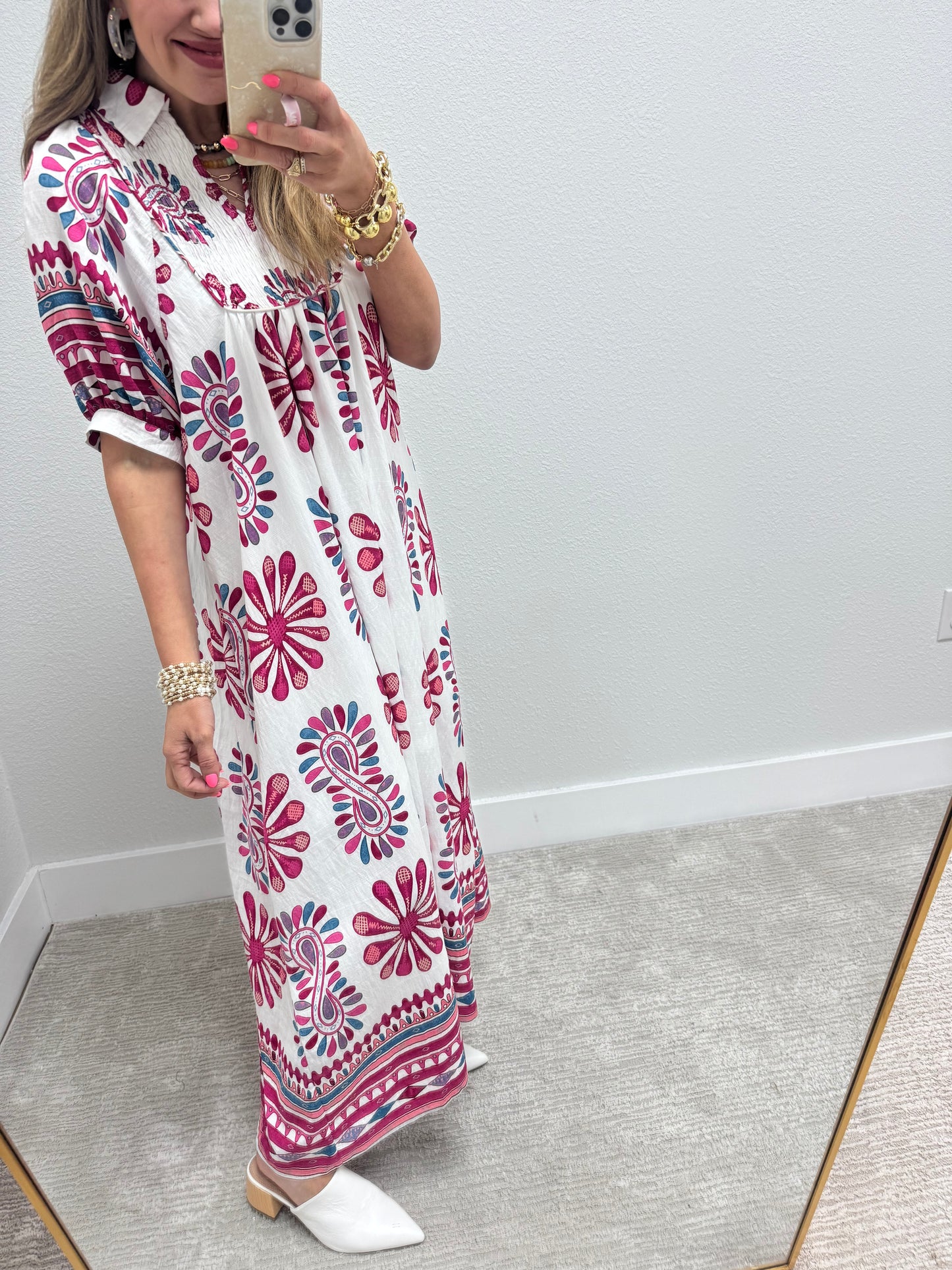 Printed Smocked Midi Dress with Balloon Sleeves