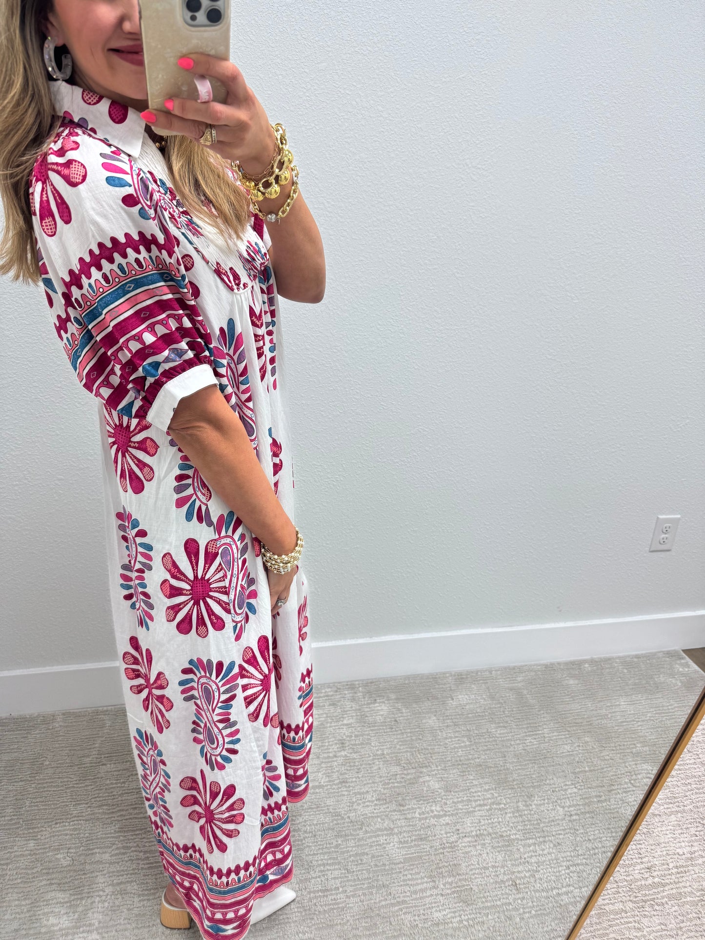 Printed Smocked Midi Dress with Balloon Sleeves