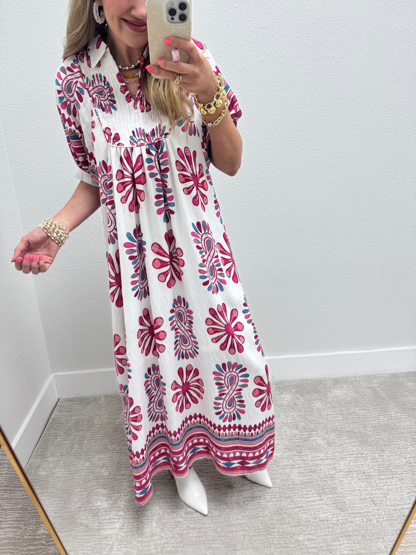 Printed Smocked Midi Dress with Balloon Sleeves
