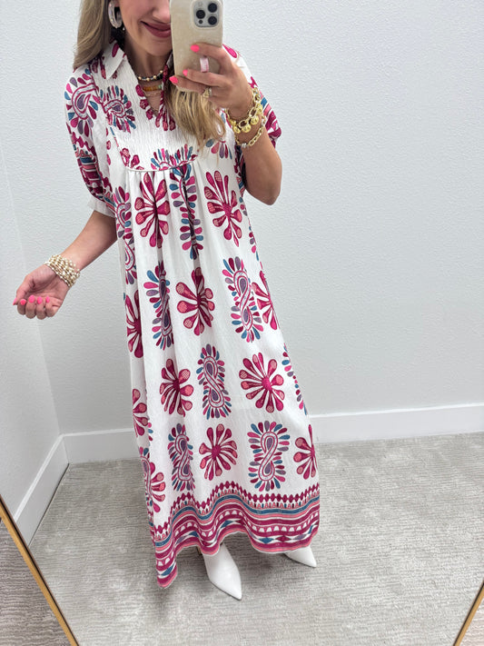 Printed Smocked Midi Dress with Balloon Sleeves