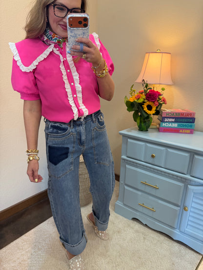 HIgh Rise Western Patched Pocket Low Curve Barrel Jeans