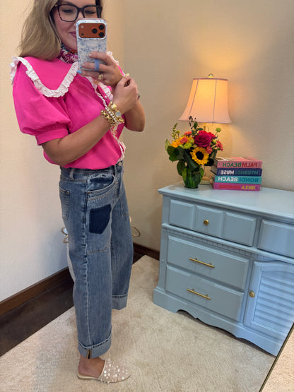 HIgh Rise Western Patched Pocket Low Curve Barrel Jeans