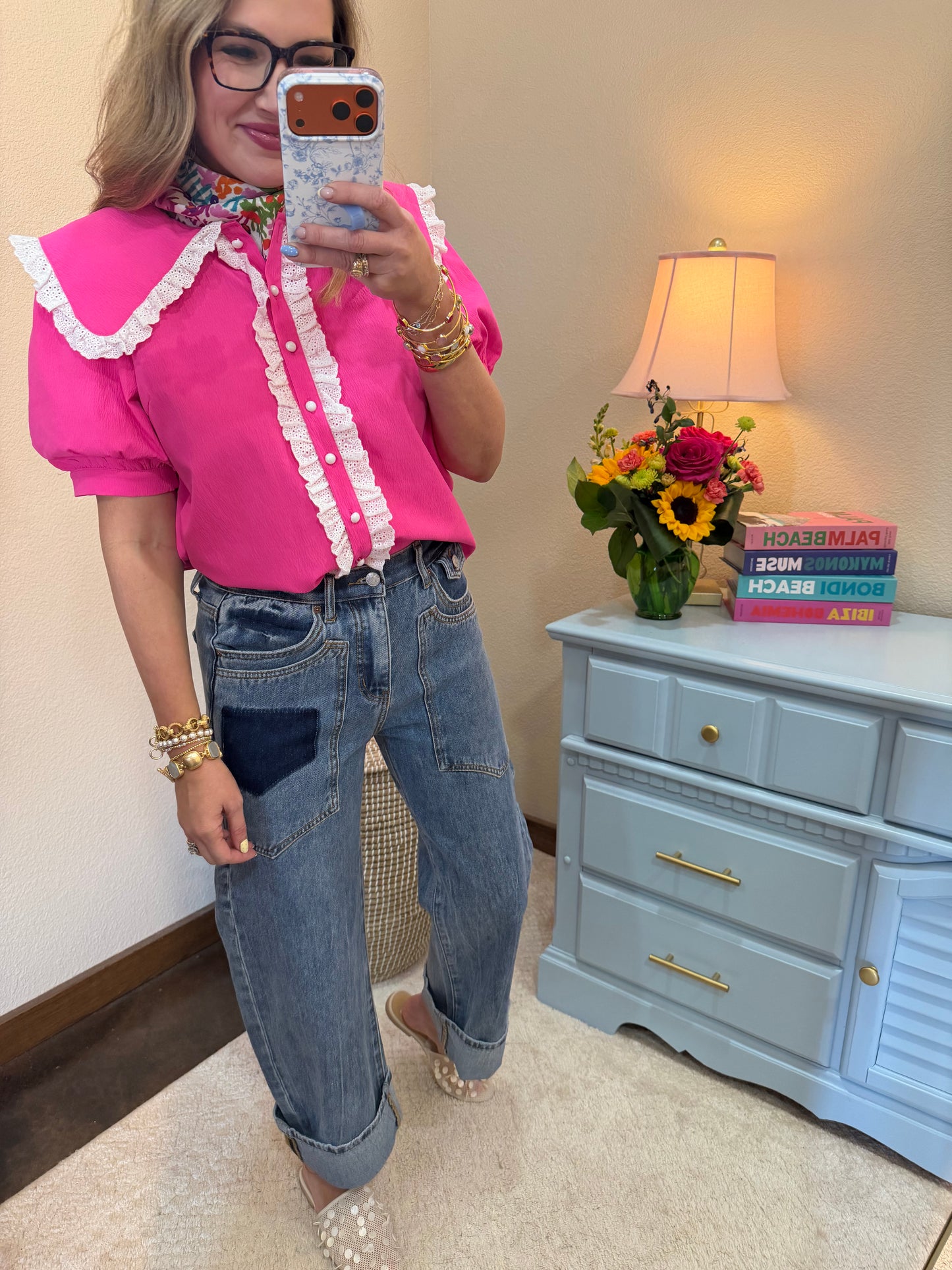 Hot Pink Butterfly Lace Collared Pearl Button Up Top