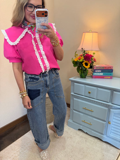 Hot Pink Butterfly Lace Collared Pearl Button Up Top