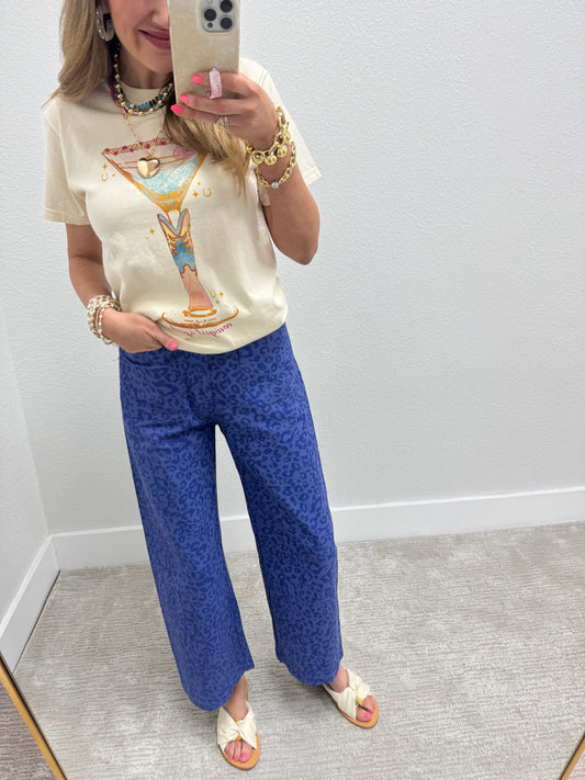 Blue Leopard Ankle Cropped Summer Pants