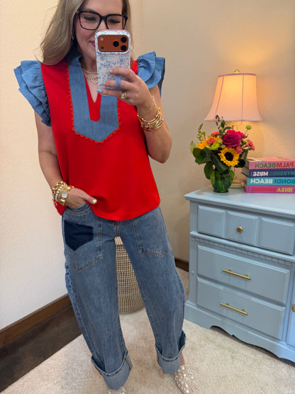 Scuba Red & Denim Scallop Top