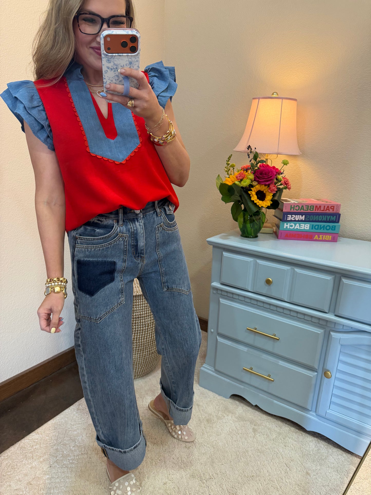 Scuba Red & Denim Scallop Top