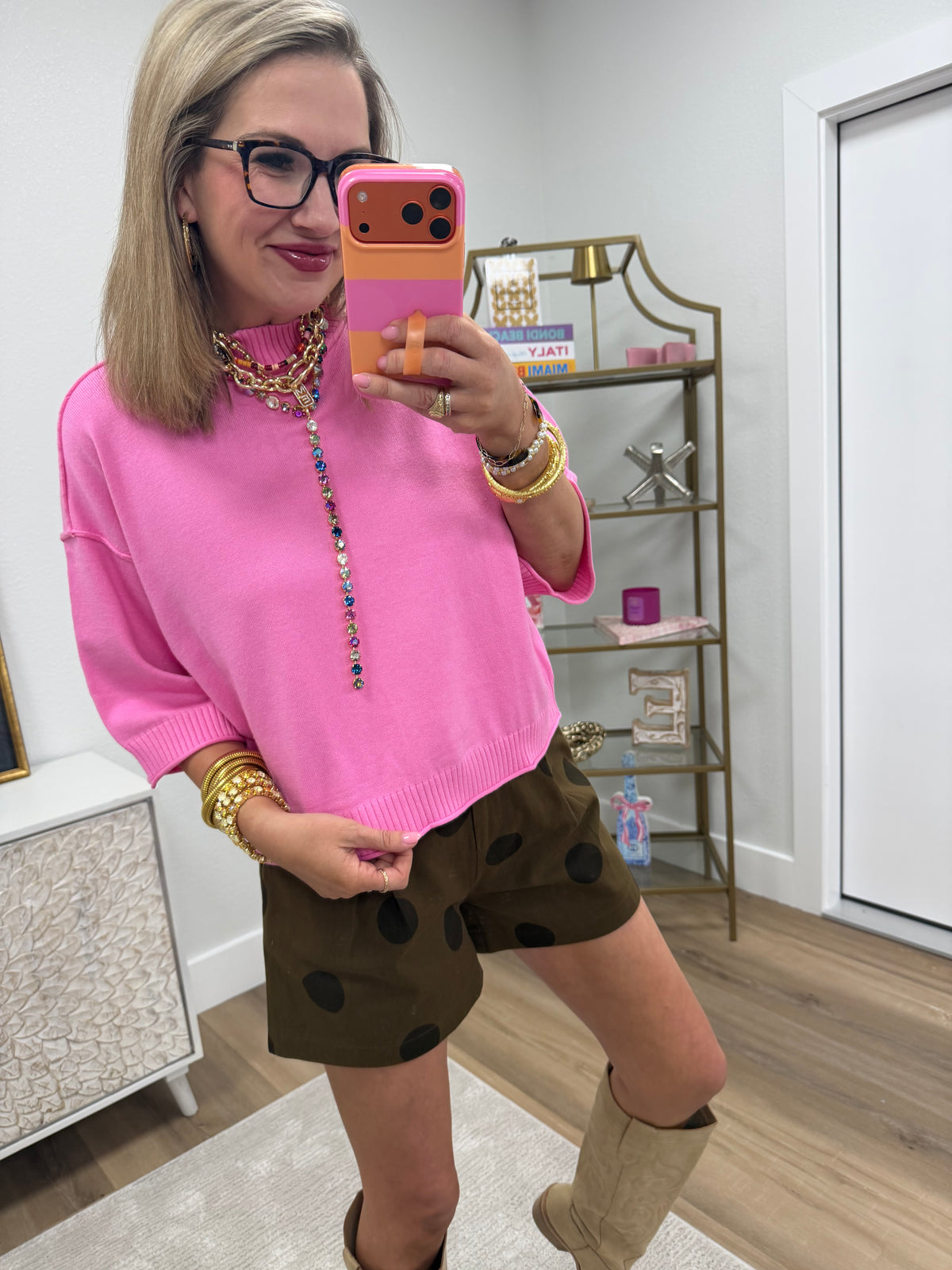 Pink Mock Neck 3/4 Sleeve Sweater