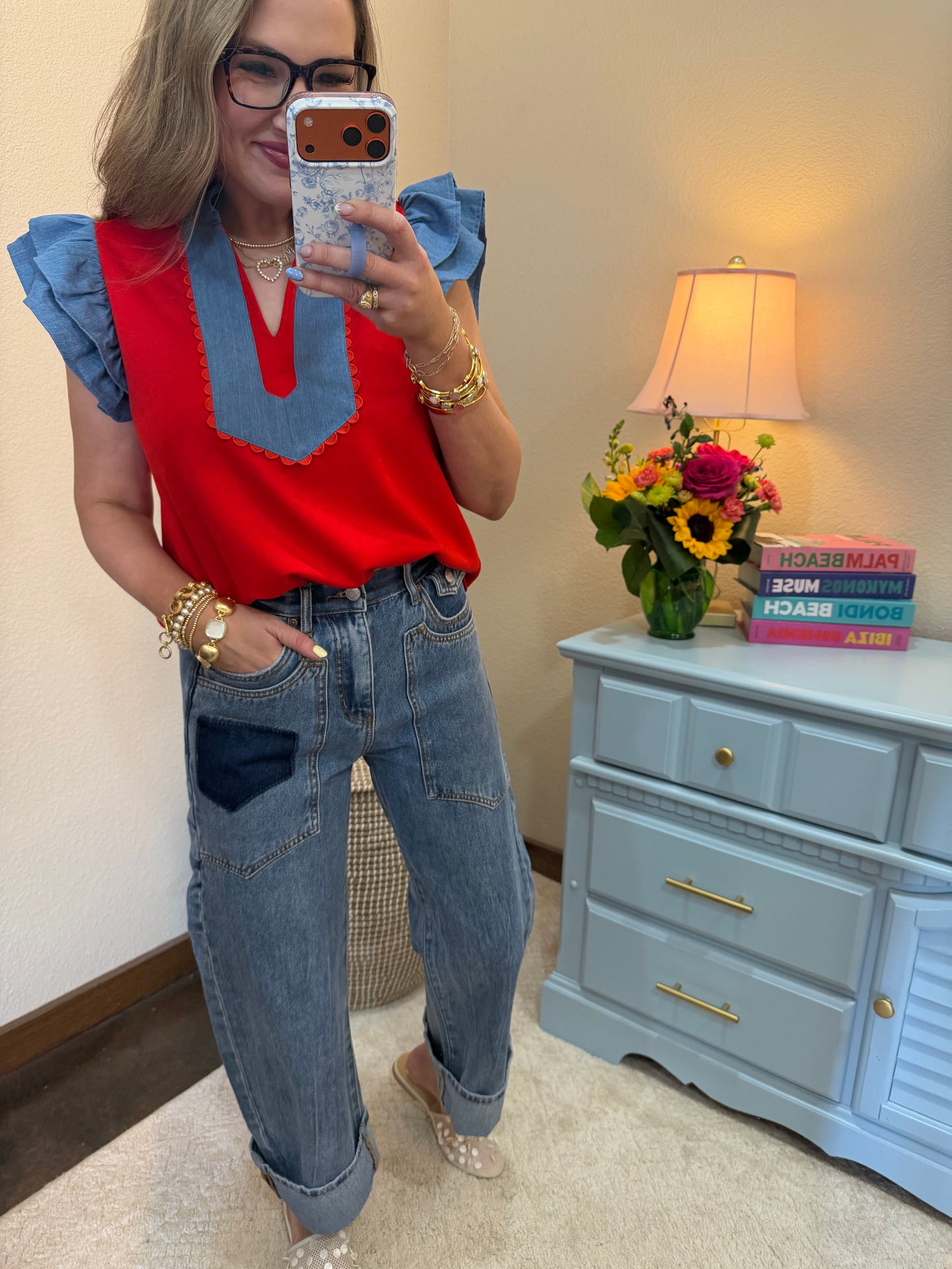 Scuba Red & Denim Scallop Top