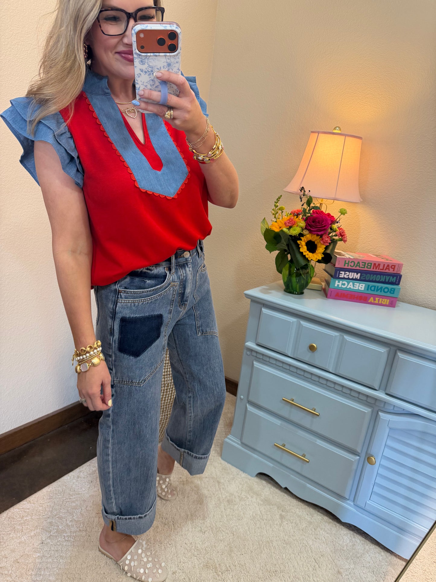 Scuba Red & Denim Scallop Top