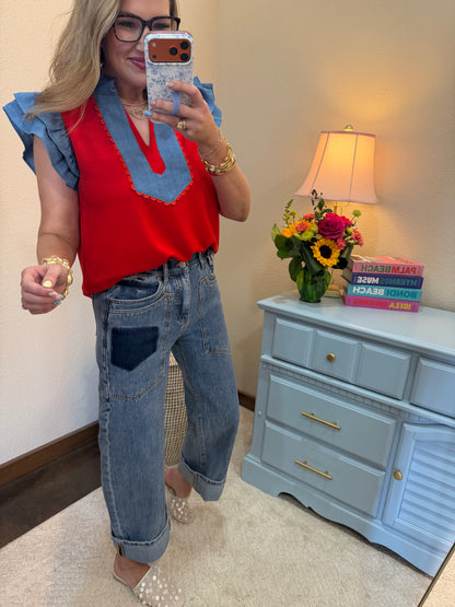 Scuba Red & Denim Scallop Top