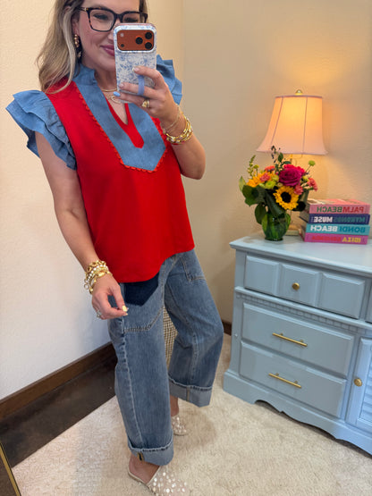 Scuba Red & Denim Scallop Top