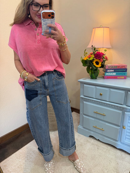 HIgh Rise Western Patched Pocket Low Curve Barrel Jeans