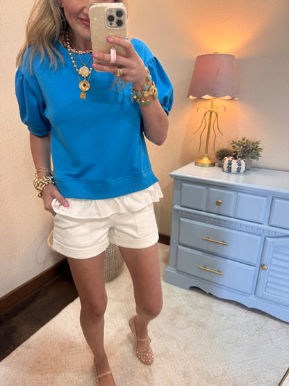 Turquoise Scuba Top with Ruffle Hem