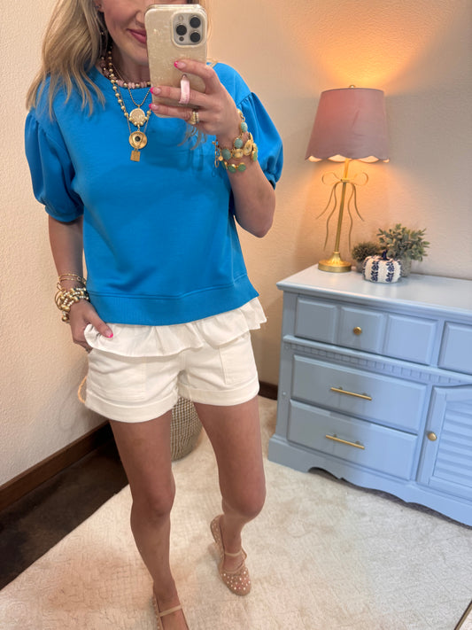 Turquoise Scuba Top with Ruffle Hem