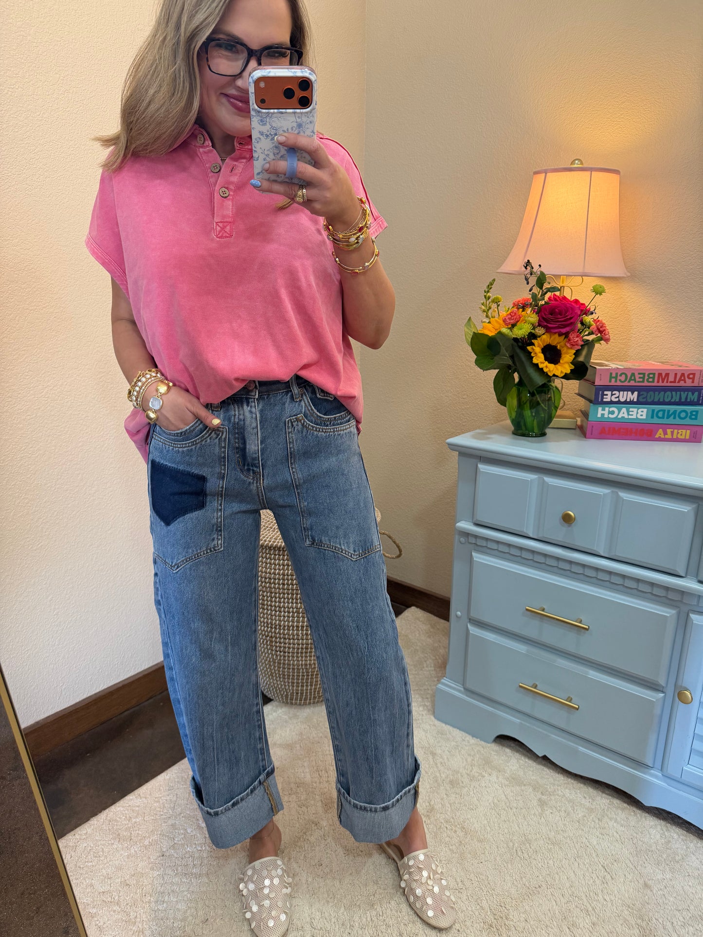 HIgh Rise Western Patched Pocket Low Curve Barrel Jeans