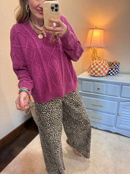 Mauve Long Sleeve Washed Cable Knit Sweater Top