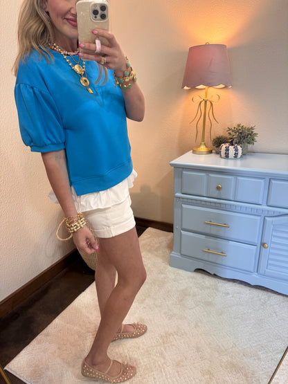 Turquoise Scuba Top with Ruffle Hem