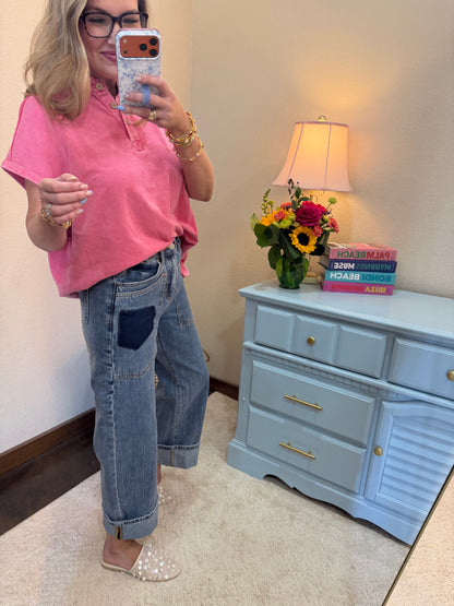 HIgh Rise Western Patched Pocket Low Curve Barrel Jeans