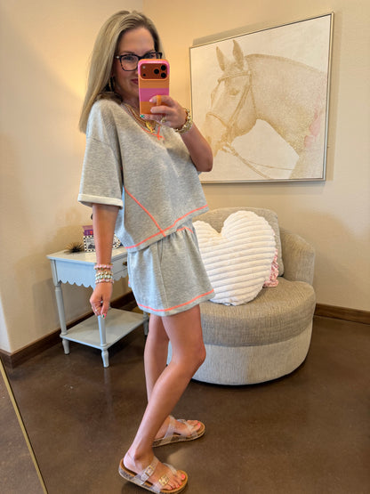 Heather Grey V-Neck Short Sleeve Skort Set