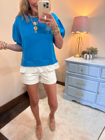 Turquoise Scuba Top with Ruffle Hem