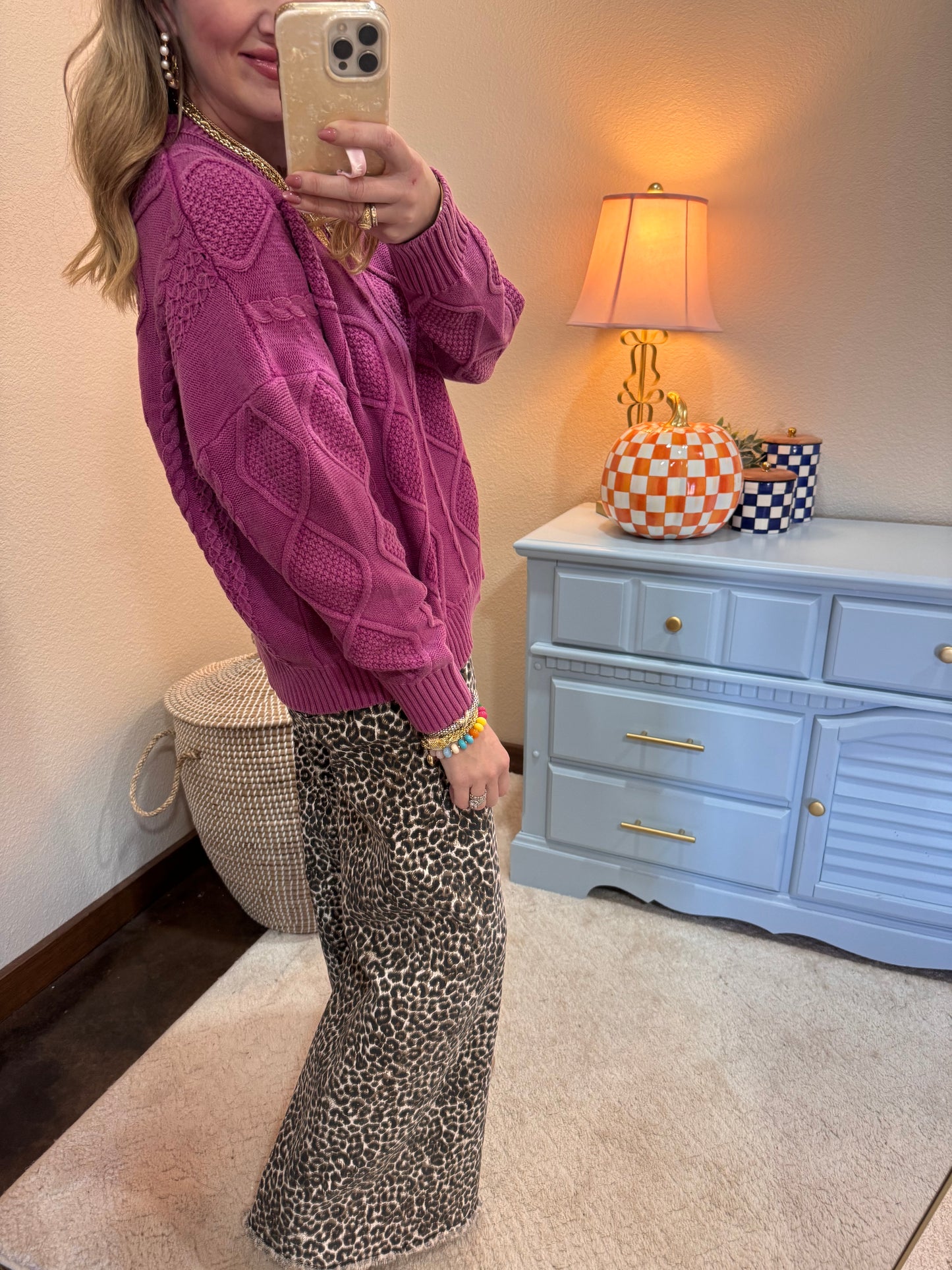 Mauve Long Sleeve Washed Cable Knit Sweater Top