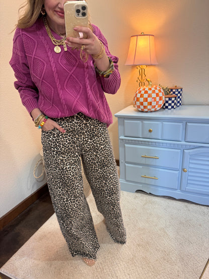 Mauve Long Sleeve Washed Cable Knit Sweater Top