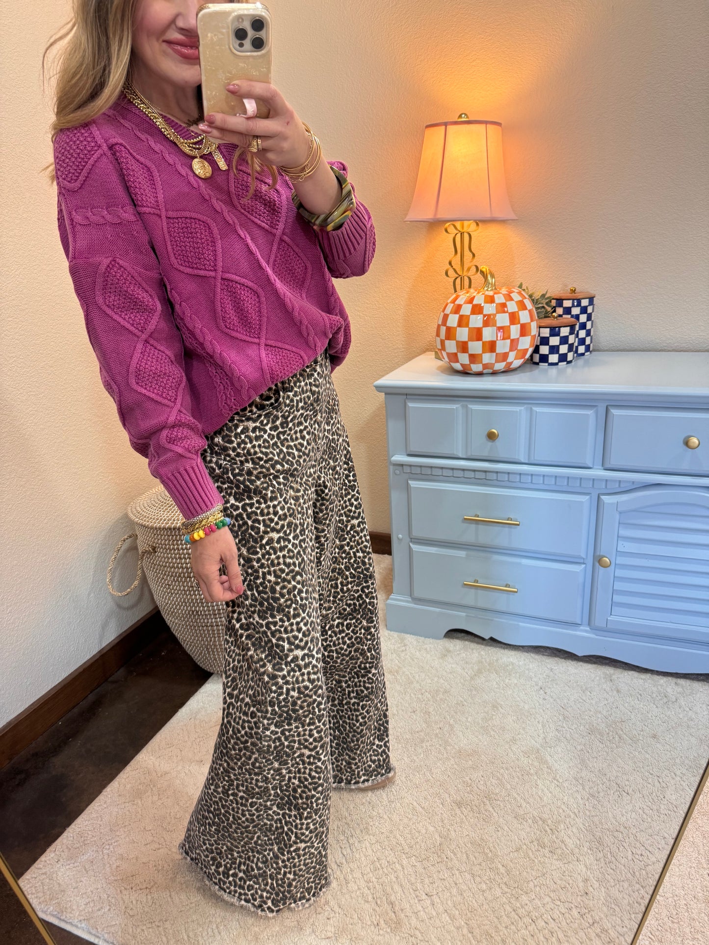 Mauve Long Sleeve Washed Cable Knit Sweater Top