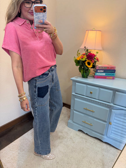 HIgh Rise Western Patched Pocket Low Curve Barrel Jeans