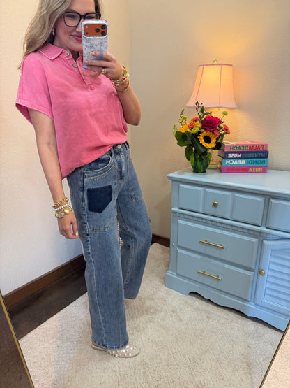 HIgh Rise Western Patched Pocket Low Curve Barrel Jeans