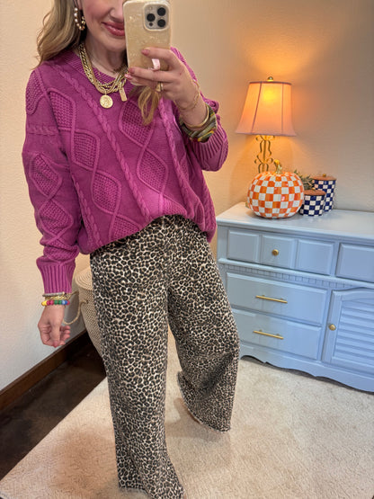 Mauve Long Sleeve Washed Cable Knit Sweater Top