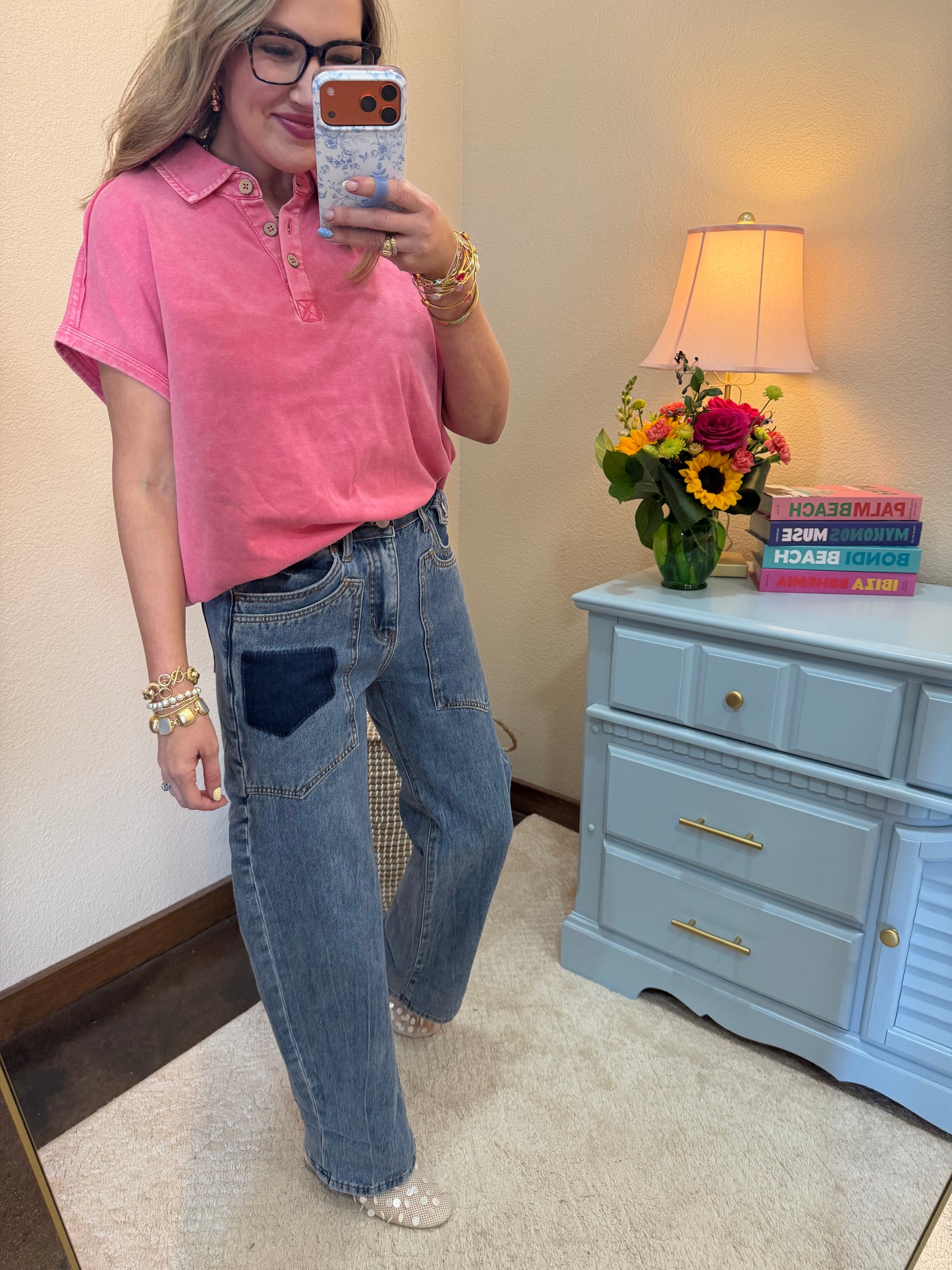 HIgh Rise Western Patched Pocket Low Curve Barrel Jeans