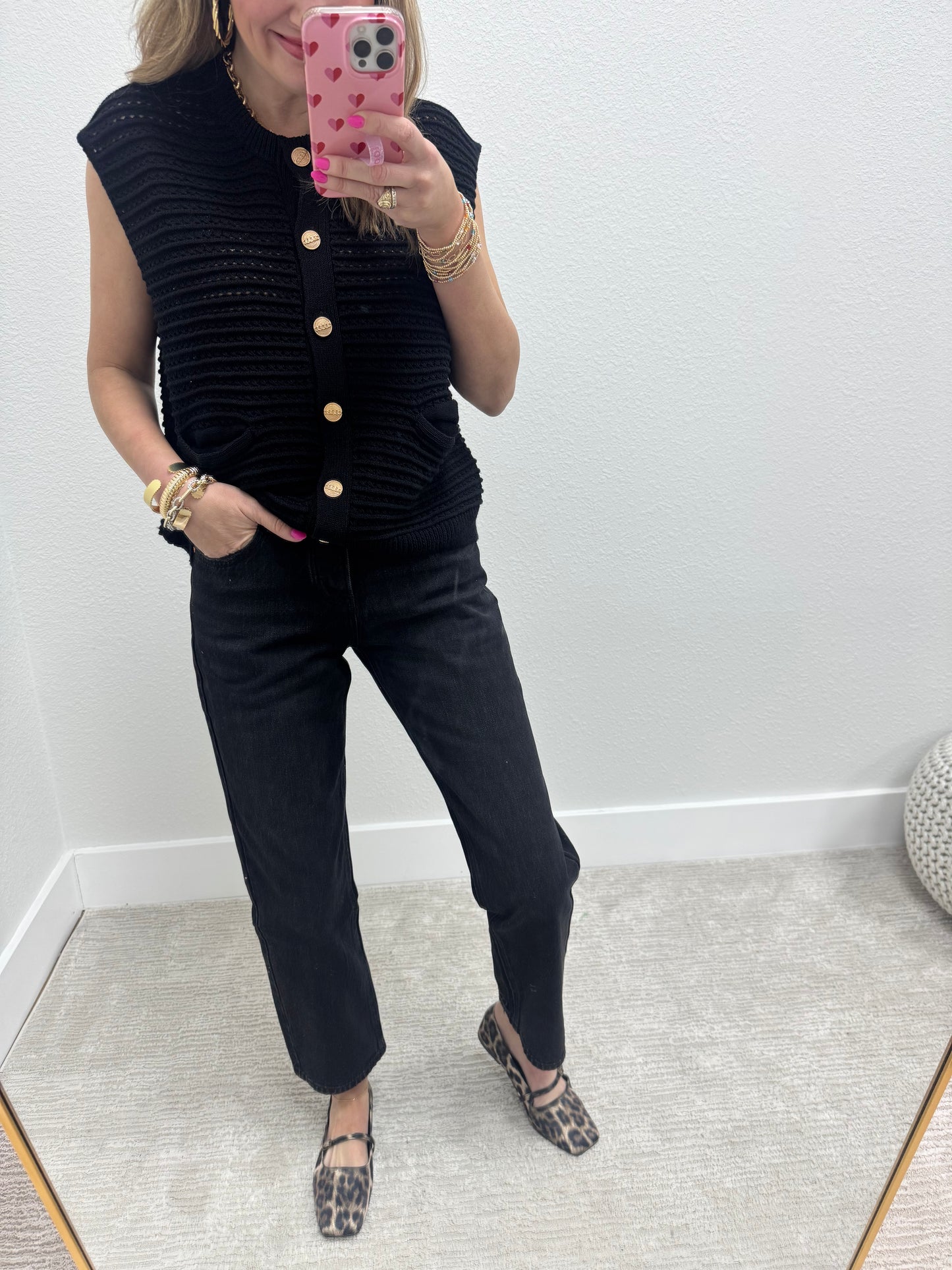 Black Crochet Knit Vest Top With Pockets